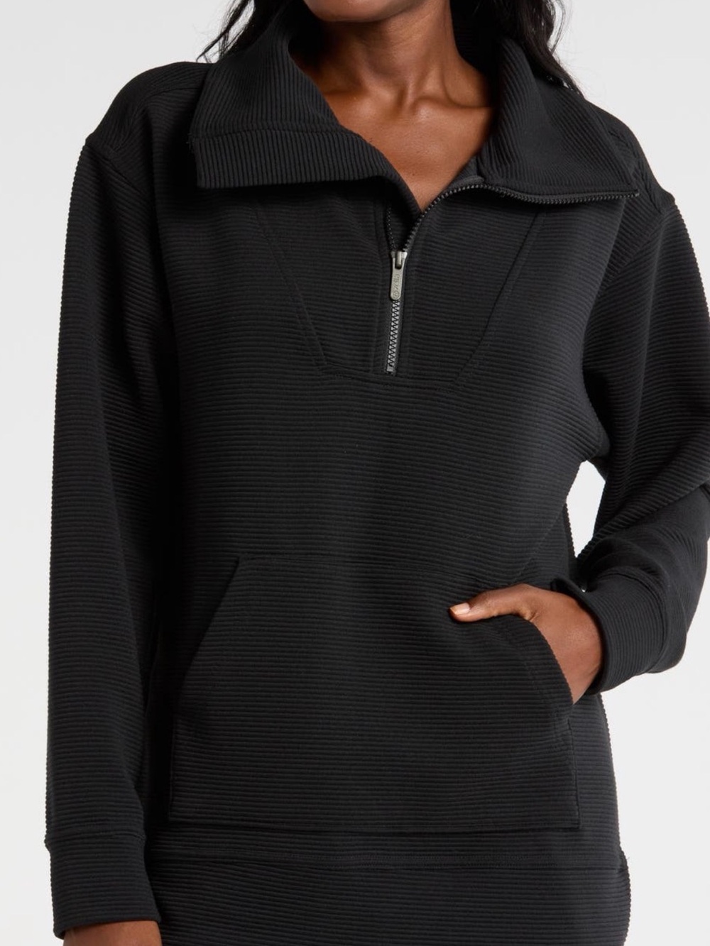Zella Black Kickback Ottoman Tunic Quarter-Zip Ribbed Pullover Hoodie